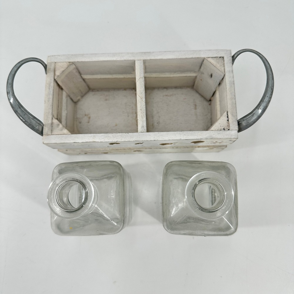 Farmhouse Distressed White Wooden Crate with 2 Glass Bud Vases Metal Handles - Picture 6 of 10